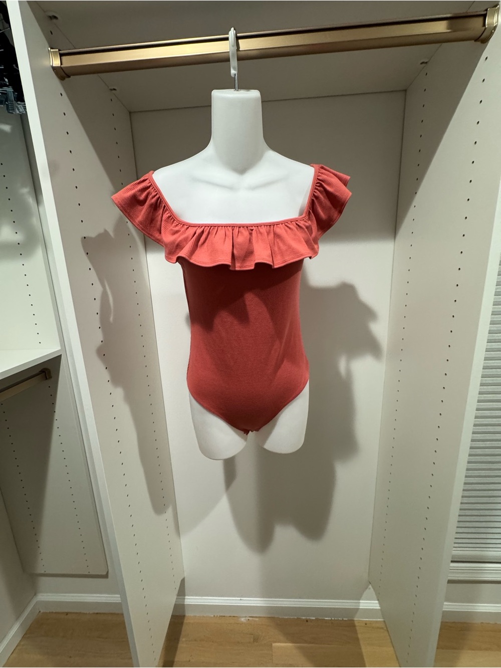 Express Coral Ruffle-Trim Off-Shoulder Bodysuit